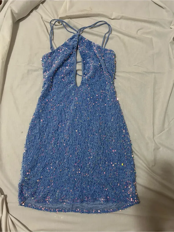 Lucy in the Sky Blue Sequin Bodycon Mini Dress Lace Up Back Medium - Image 3