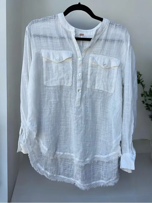 Free People NWOT Talk To Me Gauze Shirt White Size Oversized XS - Image 2