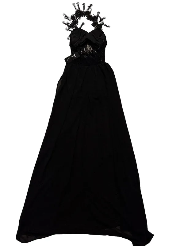 Floral Lace Halter Maxi Dress - Black - Image 3