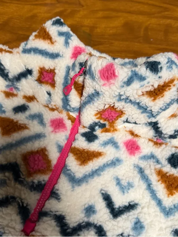 Eddie Bauer Plush Fleece 1/4 zip pullover Jacket Cream Blue, Brown Pink print XL - Image 2