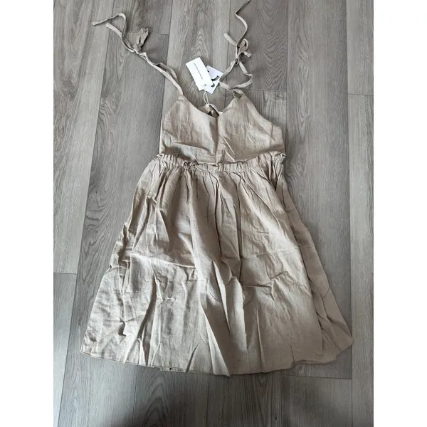 Commense Cottage Boho Tan Levanzo Tied Shoulder Cotton Linen Dress Casual XS - Image 2