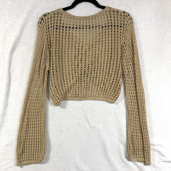 Open Knit L Tan Tie Front Cropped Cardigan Sweater Slouchy Boho Fairy‎ Grunge - Image 3