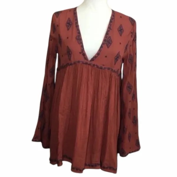 Free People Diamond Embroidered Mini Dress Boho Bell Sleeve Tunic Rust Small - Image 6