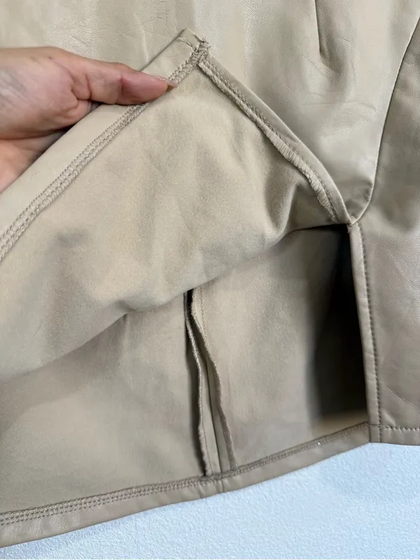Rewash Size XS Taupe Faux Leather Mini Skirt Front Slit Y2K Minimalist Moto Chic - Image 5