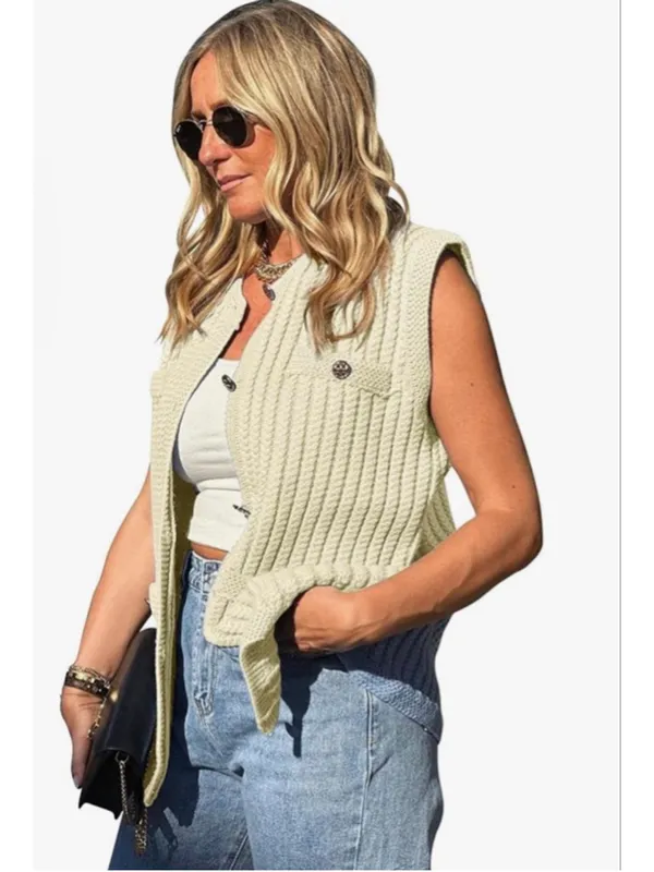 NEW Chunky Knit Top Sleeveless Button Down Trendy Cardigan Sweater M - Image 2