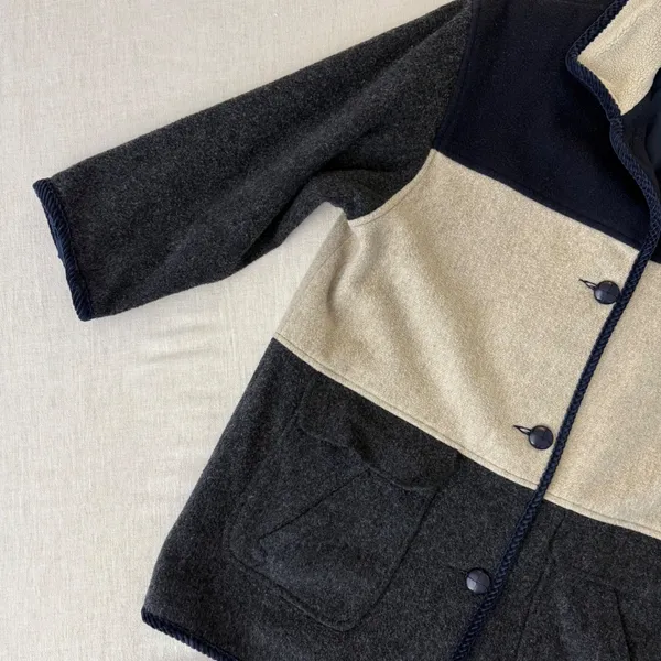 Herman Kay Vintage Women 12 Colorblock Wool‎ Coat Sherpa Collar Navy Grey Beige - Image 11