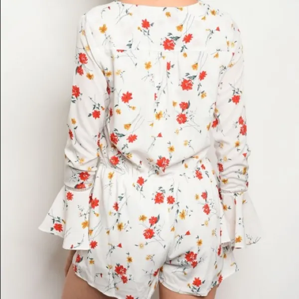 White Floral Romper Bell Sleeve Smocked Elastic Waist Button Front Size Small - Image 2