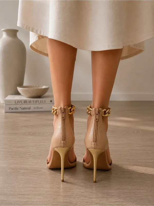NWOT Nude Gold Chain Quiet Luxury Heels Minimalist Stiletto Sandals Size 10 - Image 10