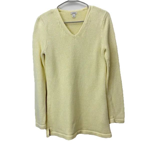 LL Bean Butter Yellow V Neck‎ Pullover Cotton Tunic Sweater Size SMALL - Image 3