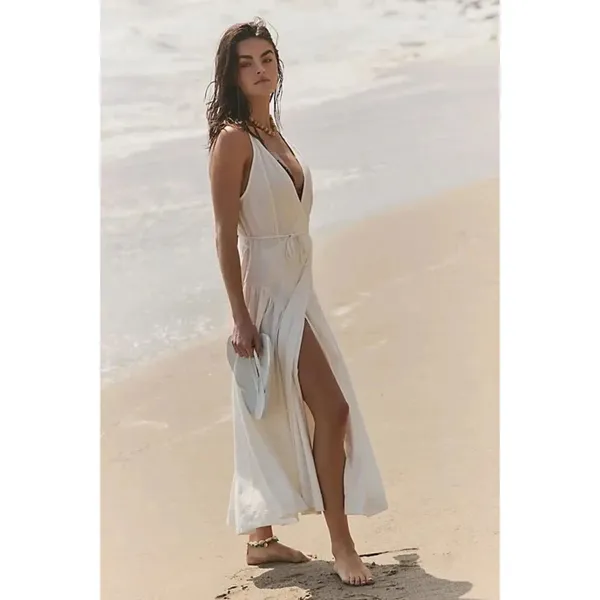 FREE PEOPLE FREE-EST MAISIE MIDI WRAP DRESS TIE SHOULDERS SMALL IVORY Cotton - Image 3