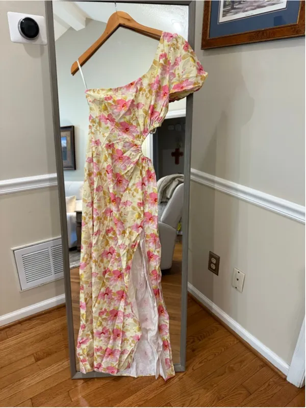 Women's Hello Molly One Shoulder Dress S Yellow Pink Floral - Image 3