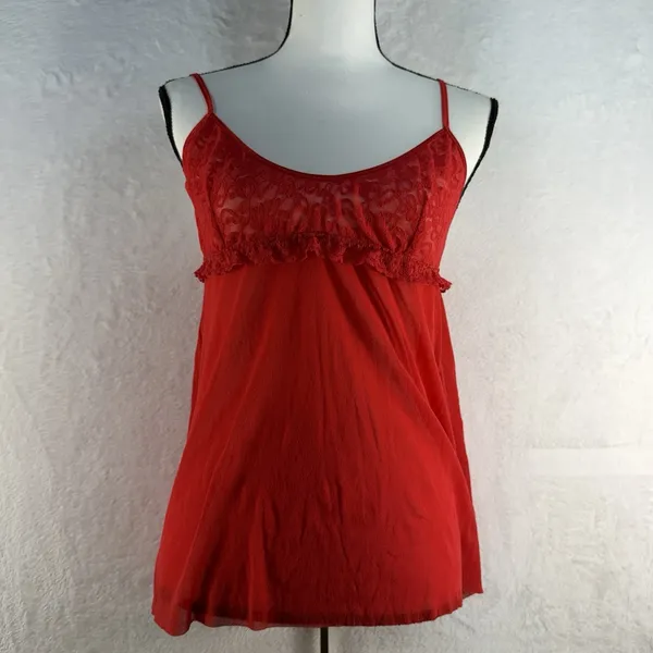 Y2K Victorias Secret XL Sheer Lace Babydoll Top Red Festival Stretch Romantic‎ - Image 2