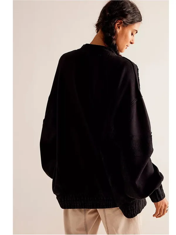 Free People Lou Moto Zip Jacket Sweatshirt Size XS Black Oversized Slouchy - Image 3