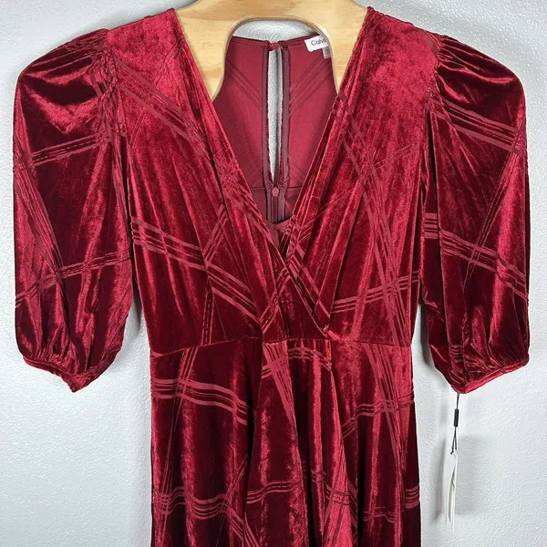 NEW Calvin Klein Red Burnout Velvet Midi Maxi Dress Womens 14 Faux Wrap Holiday‎ - Image 2