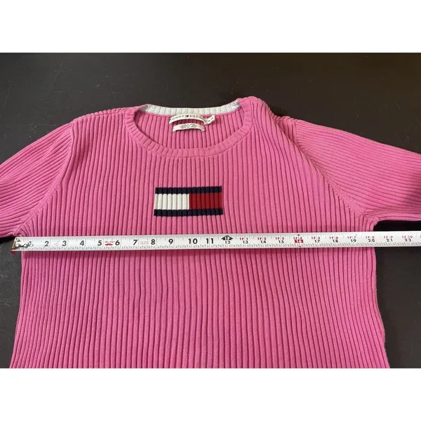 Tommy Hilfiger Ribbed Knit Sweater Womens XL Pink Flag Logo Y2K Preppy FLAW - Image 10