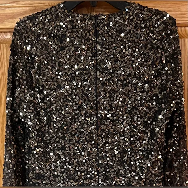French Connection Emille Sparkle Black & Gold‎ Sequined Dress Sheer Sleeves Sz 4 - Image 10
