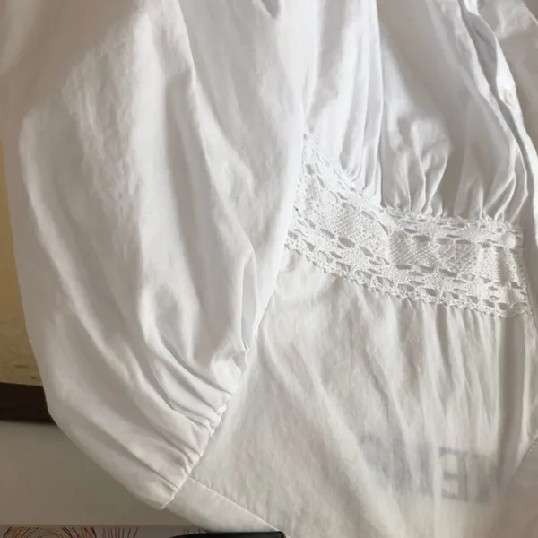 Zara Cotton Crop Puff Sleeve Blouse XS White Lace Button Front Romantic - Image 5