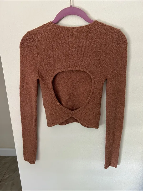 Aerie tan textured open back sweater long sleeve crop top XS cotton - Image 7