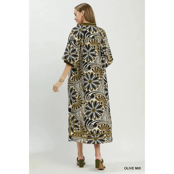 Umgee Abstract Print Midi Dress - Olive Mix - Small - Image 3