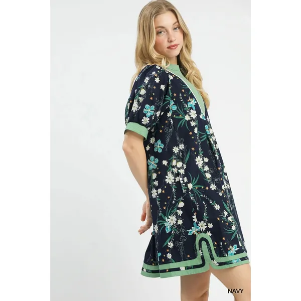 Umgee Floral Puff Sleeve Dress with Contrast‎ Trim - Navy - Large - Image 2