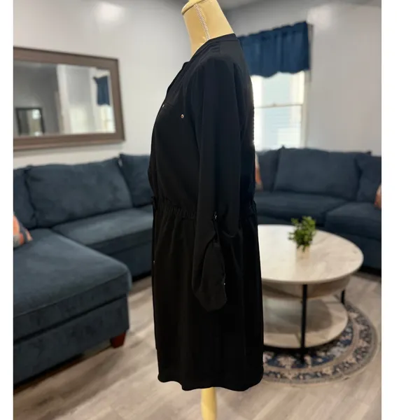 Apt. 9 Black Utility Shirt Dress Gold Zip Cinch Waist Long Sleeve Office Chic L - Image 3