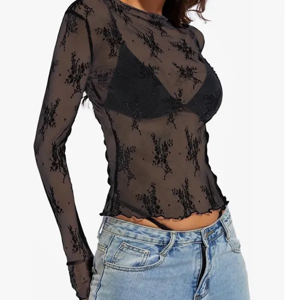 Long Sleeve Sheer Floral Top Black Sexy Mesh Layering See Through Lace Alt Baddi - Image 9