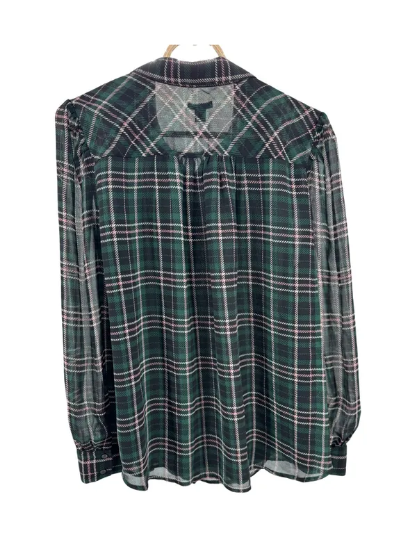 Ann Taylor sheer button front plaid puff sleeve top L professional office casual - Image 2