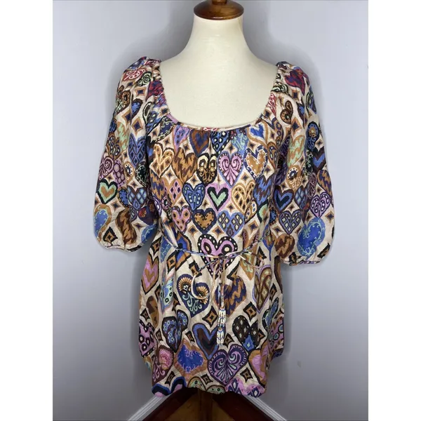 NEW FARM RIO Cream Hearts Ikat Puff Sleeve Dress Sz Small‎ - Image 2