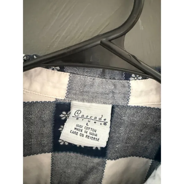 Cascade Vintage Cottage Blue White Checkered Floral Embroidered Cotton Shirt‎ L - Image 6
