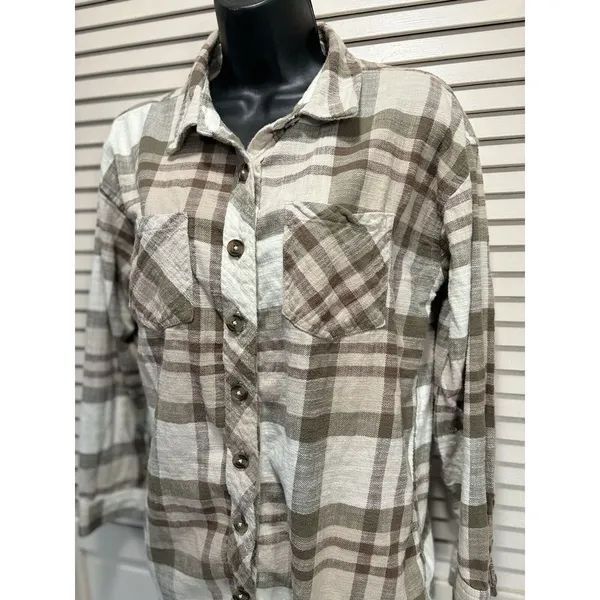 Maurices Tan/Cream Long Sleeve Flannel Shirt Plaid Size Small‎ Button Up Pockets - Image 2