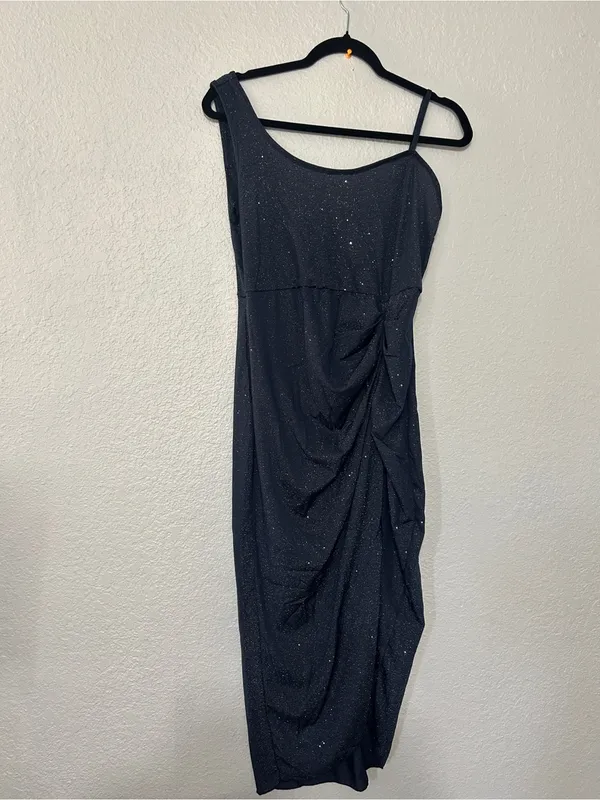 SHEIN Navy One-Shoulder Glitter Draped Midi Dress - Image 3
