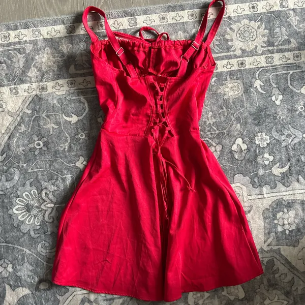 Red satun milkmaid dress - Image 2