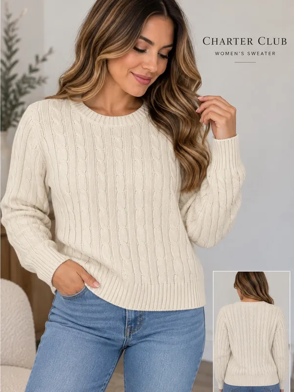 Charter Club Cream Cable-Knit Crewneck Sweater - Image 2