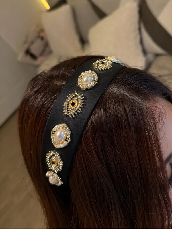 Black Beaded Pearl Embellished Headband - Image 4