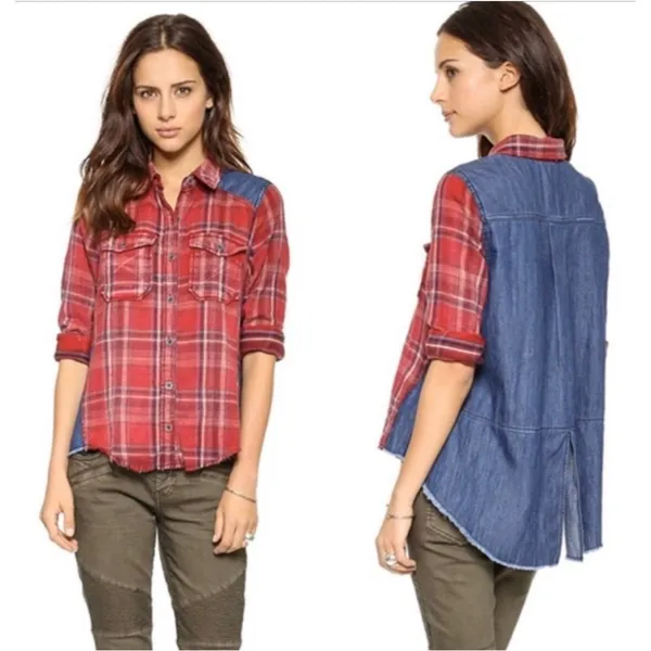Free People Runaway Plaid & Denim Mixed Media High Low Button Down Shirt M - Image 5