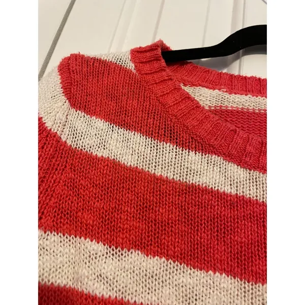 Old Navy Womens Large Coral & Cream‎ Striped Sweater 3/4 Sleeves Cotton/Acrylic - Image 4