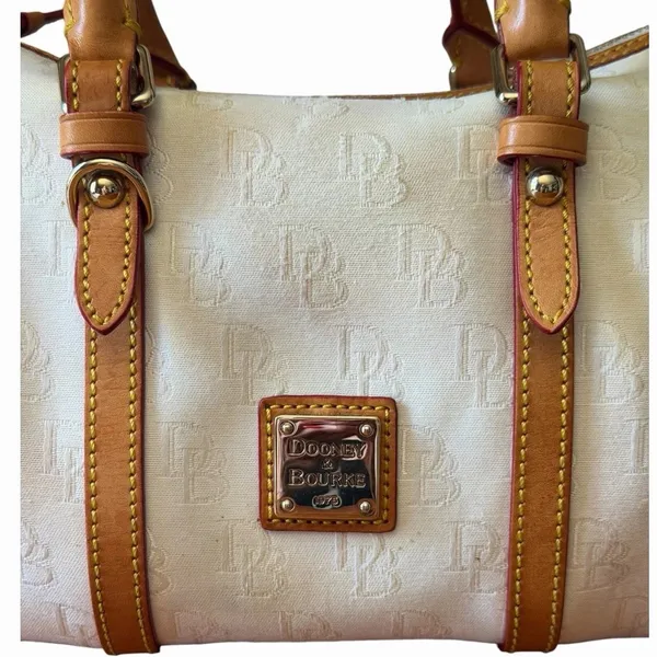 Vintage Dooney & Bourke White Monogram Canvas Barrel Satchel Bag Leather Trim - Image 4