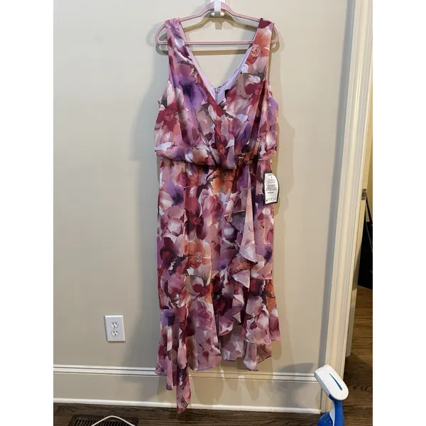 XSCAPE Women's Printed Chiffon High-Low Midi Dress Pink Floral Size 6 - Image 7