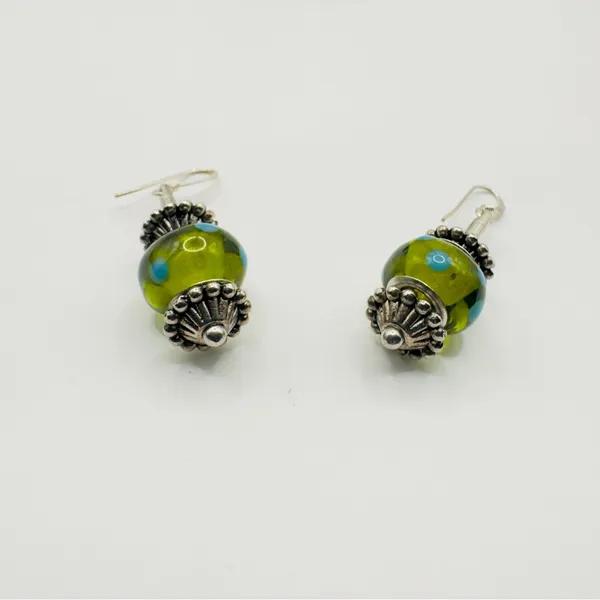 Lampwork Green Polka Dot Glass Dangle Earrings Silver Tone - Image 2
