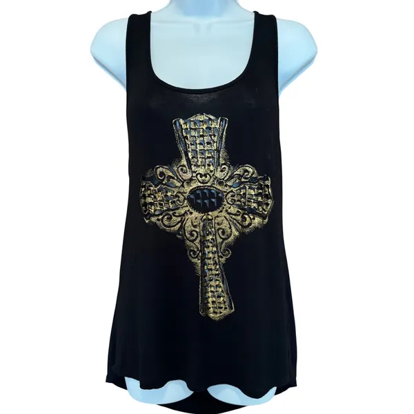 Y2K Cross Cutout Graphic Tank Top M Cage Back Edgy Rocker Indie Sleaze Mall Goth - Image 2