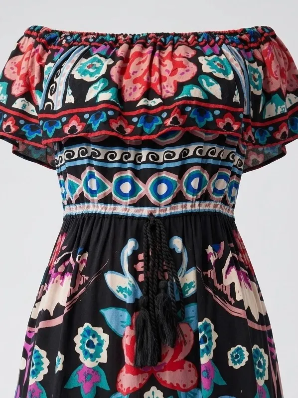 Flying Tomato Bohemian Floral Print Off-the-Shoulder Peacock Maxi Dress Size M - Image 5