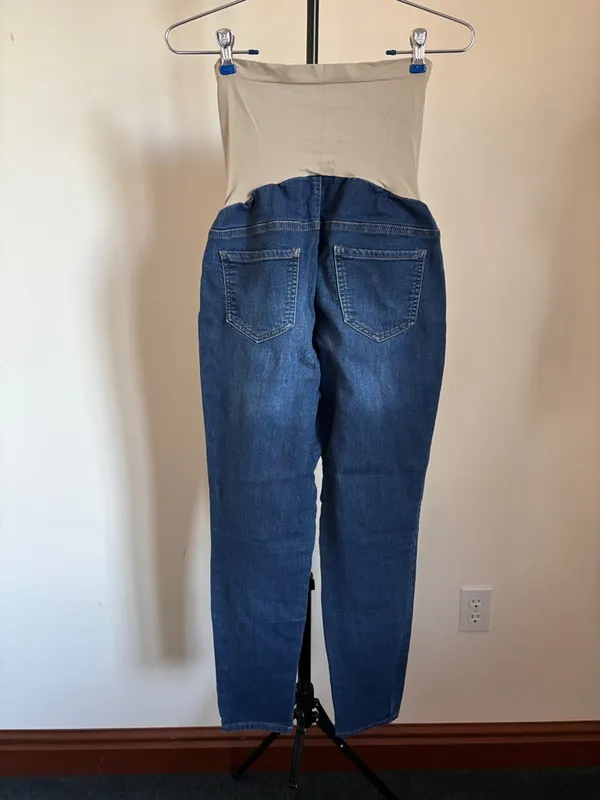 Indigo Blue High-Waist Beige Panel Maternity Jeggings - Blue Denim - Image 3