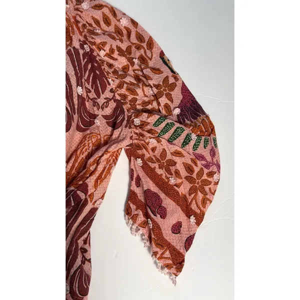 Farm Rio Women's Blouse Orange Pink Size L Puff Sleeve Boho Floral Peasant Top - Image 8