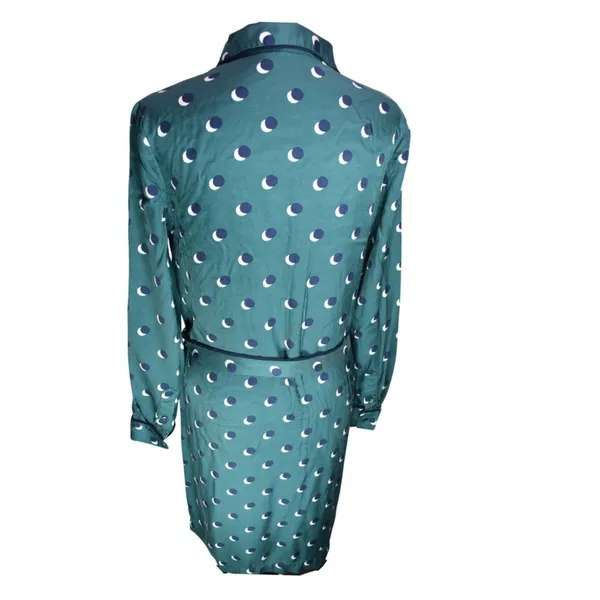Boden Teal Green Crescent Moon Polka Dot Shirt Dress US 8R Navy Piping Belted - Image 3