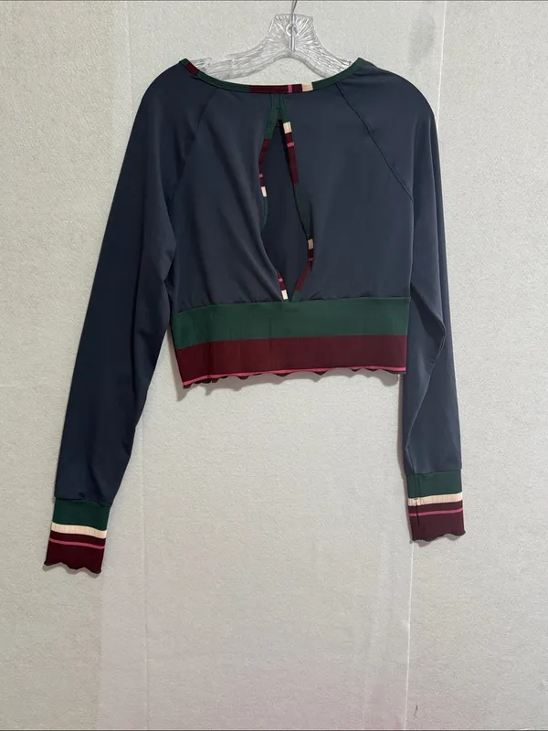 Free People Navy Cropped Long-Sleeve Top Open Back with Green and Burgundy Trim - Image 5