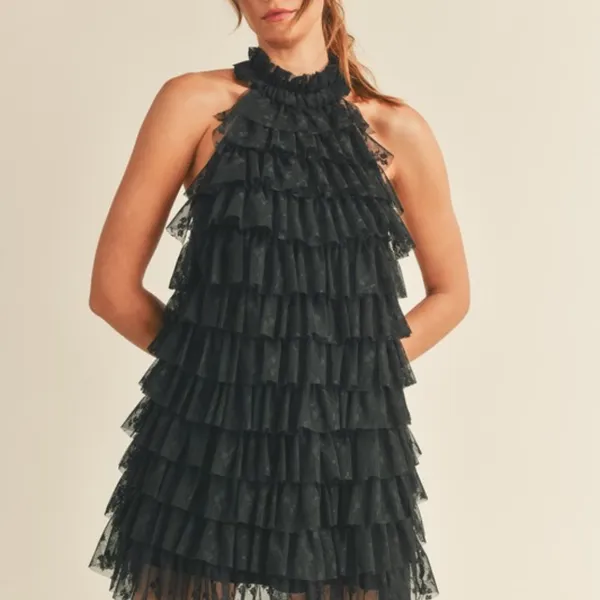 Floral print lace high neck halter ruffle tiered frill mini dress - Image 2