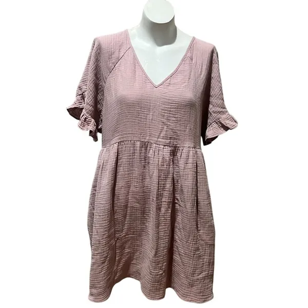 Madewell Women's L Pink Ruffle Sleeve V-Neck Short Minidress - Image 3