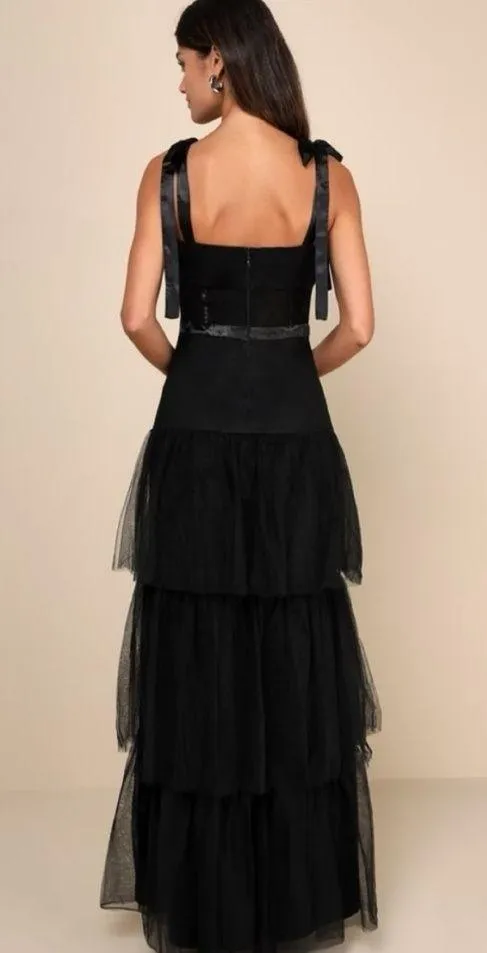 LULUS NWT Mystique Black Tulle Tie-Strap Tiered Maxi Dress Formal XXS - Image 2