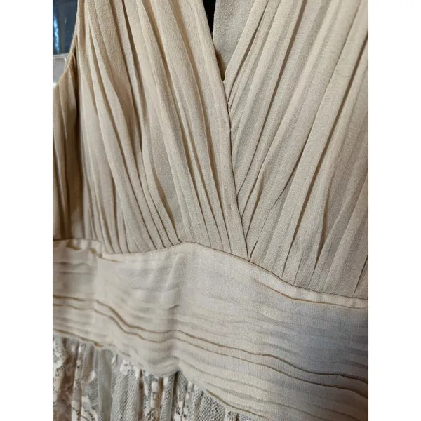 Zara Womens Champagne Floral Lace Maxi Dress Pleated V-Neck Bow Back Formal Gown - Image 5
