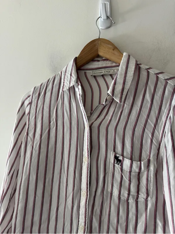 Abercrombie & Fitch Stripe Button Down‎ Top Moose Embroidered Logo Y2K - Image 2